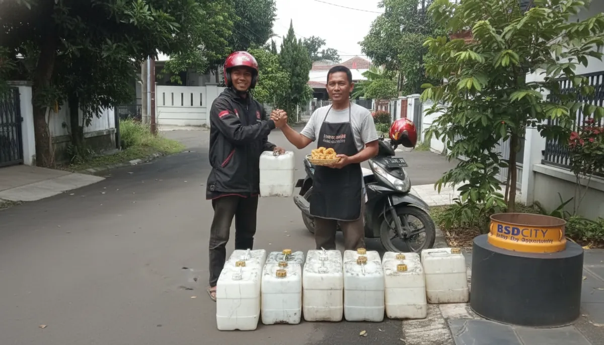 Proses serah terima minyak jelantah antara mitra dan kurir Mijel.id di BSD City, Tangerang